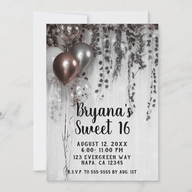 Silver & Rose Gold Pink Balloons Ivy Sweet 16 Einladung (Vorderseite)