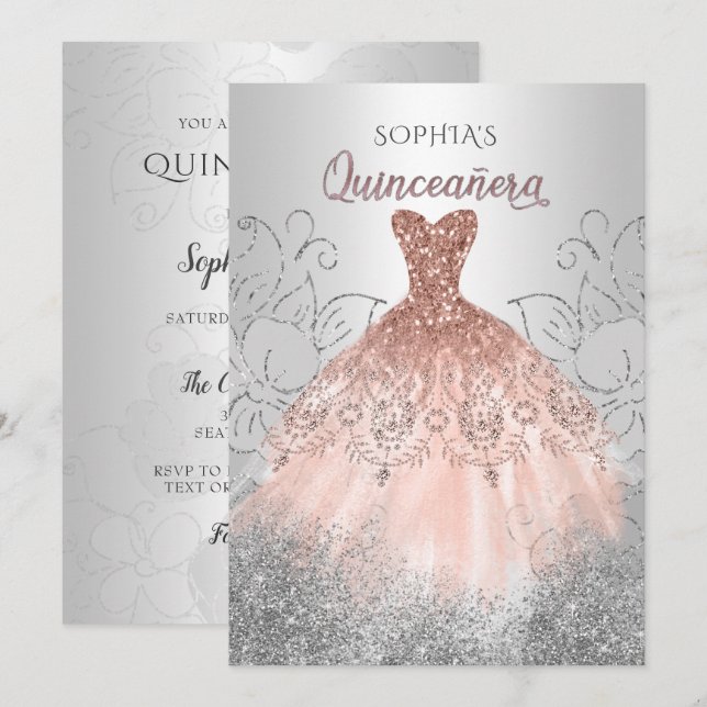 Silver Rose Gold Sparkenkleid Quinceañera Quince Einladung (Vorne/Hinten)