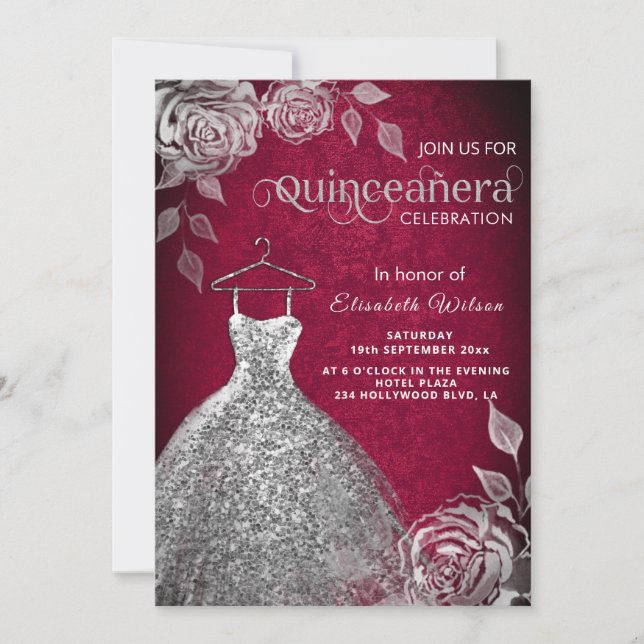 Silver Rose trendige Sequenzen kleiden Quinceañera Einladung (Vorderseite)