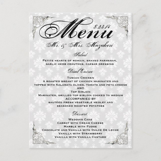 Silver Rose Wedding Dinner Menu Thank you Note Postkarte (Vorderseite)