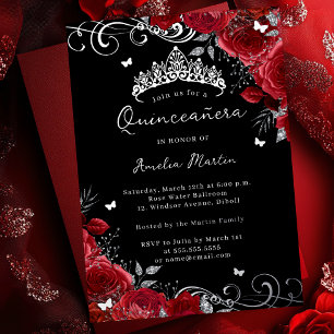 Silver Rote Rose Floral Swirl Quinceanera Folieneinladung