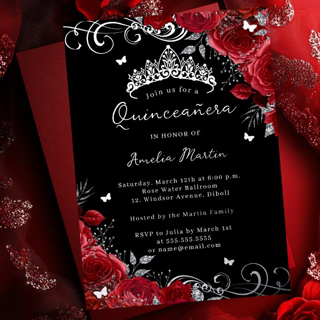 Silver Rote Rose Floral Swirl Quinceanera Folieneinladung (Von Creator hochgeladen)