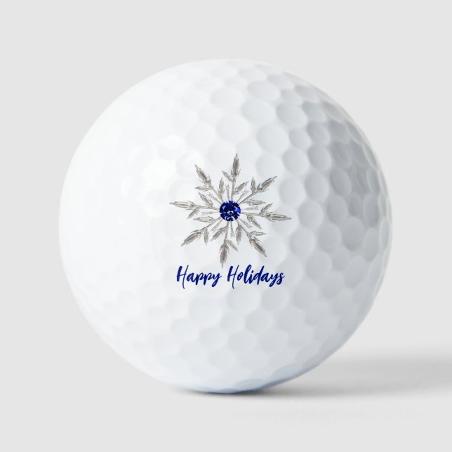 Silver Royal Blue Crystal Snowflake Happy Holidays Golfball (Vorderseite)