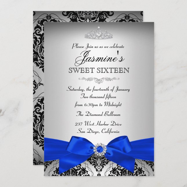 Silver & Royal Blue Damask Sweet 16 Einladung (Vorne/Hinten)