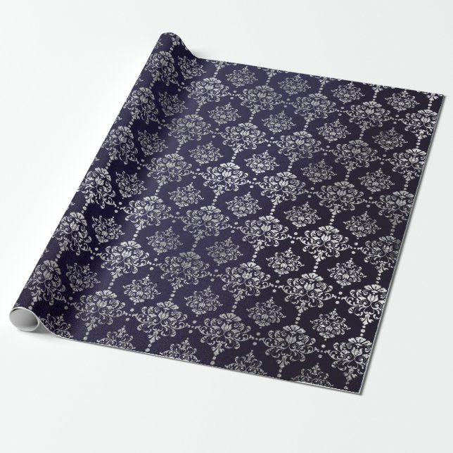 Silver Royal Blue Navy Gray Floral Damask Vip Geschenkpapier (Ungerollt)