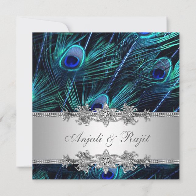 Silver Royal Blue Peacock Wedding Einladung (Vorderseite)