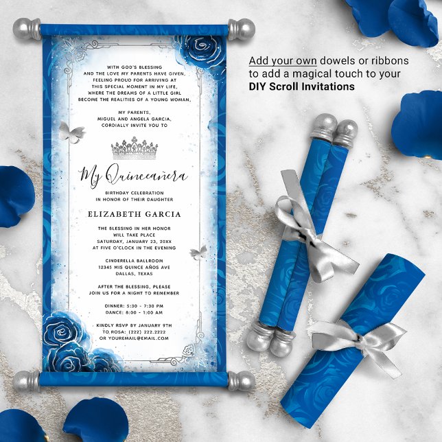 Silver Royal Blue Quince DIY Scroll Einladungen (DIY scrolls do not come with dowels. Add your own or roll up with a ribbon for an elegant touch!)