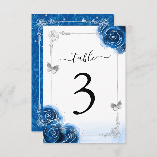 Silver Royal Blue Rose Elegante Tischnummer Card (Vorne/Hinten)