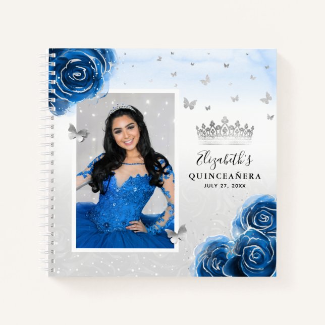 Silver Royal Blue Rose Foto Quinceanera Guest Notizbuch (Vorderseite)