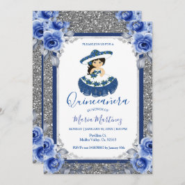  Silver Royal Blue Rose Quinceanera  Einladung