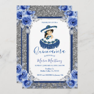  Silver Royal Blue Rose Quinceanera  Einladung