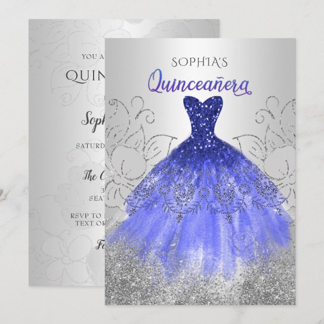 Silver Royal Blue Sparkle Dress Quinceañera Einladung (Vorne/Hinten)