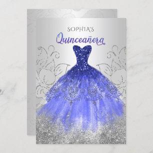 Silver Royal Blue Sparkle Dress Quinceañera Einladung