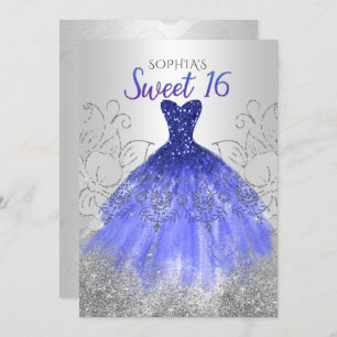 Silver Royal Blue Sparkle Dress Sweet 16 Einladung