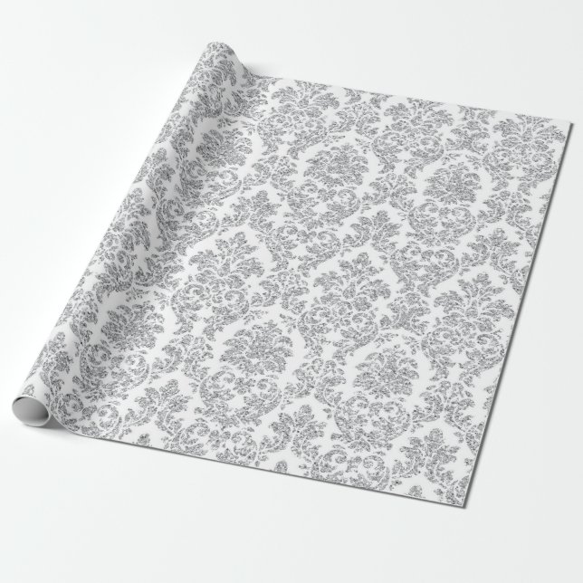 Silver Royal Floral Damask White Gray Vip Geschenkpapier (Ungerollt)