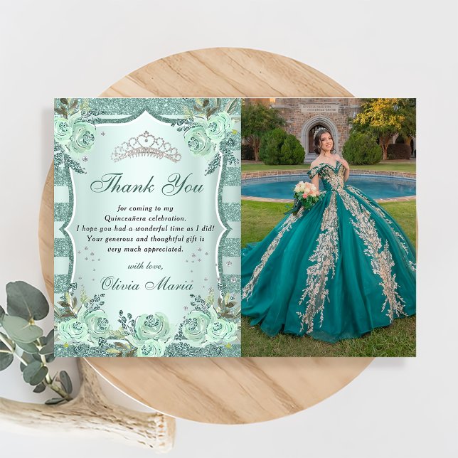 Silver Royal Green Quinceanera Danke-Karte Einladung (Von Creator hochgeladen)