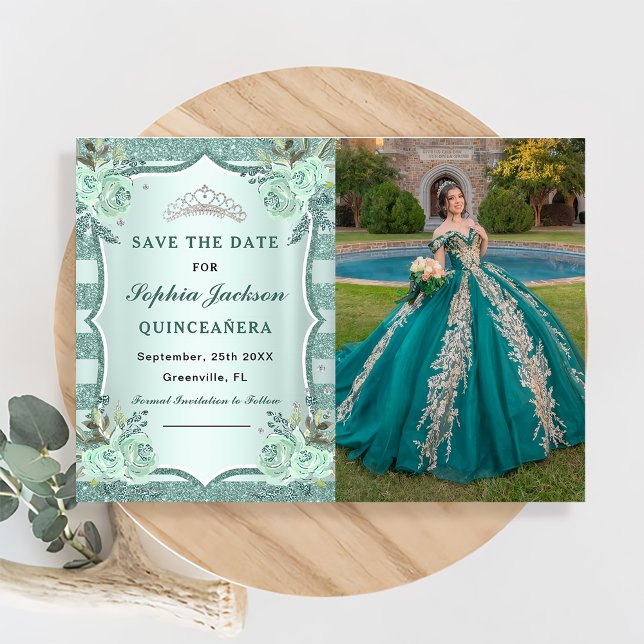 Silver Royal Green Quinceanera Foto Save The Date (Von Creator hochgeladen)