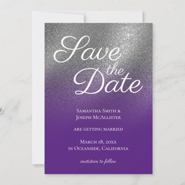 Silver Royal Lila Glitzer Ombre Save the Date Einladung (Vorderseite)