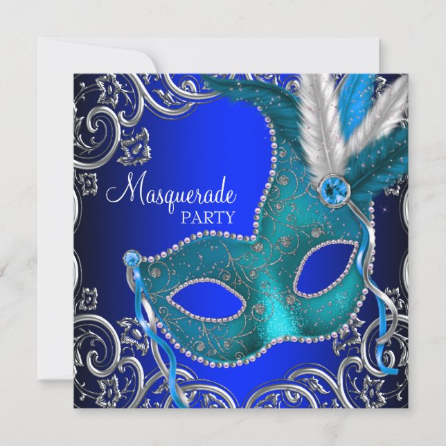 Silver Royal und Aquamarin Blue Masquerade Party Einladung (Vorderseite)