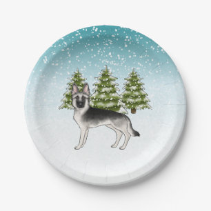 Silver Sable German Shepherd Blue Winter Forest Pappteller