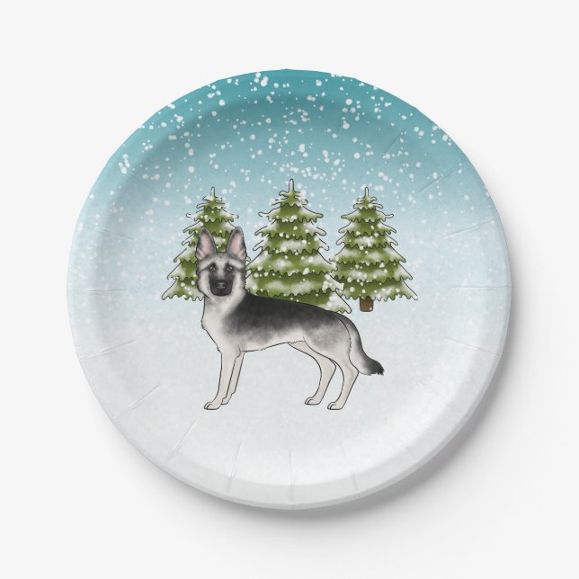 Silver Sable German Shepherd Blue Winter Forest Pappteller (Vorderseite)