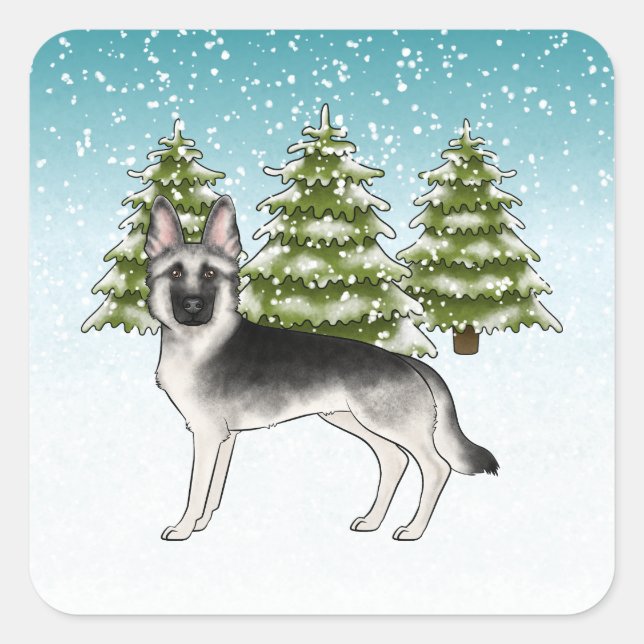 Silver Sable German Shepherd Blue Winter Forest Quadratischer Aufkleber (Vorderseite)
