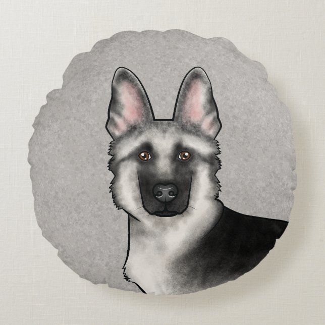 Silver Sable German Shepherd Cartoon Dog Head Rundes Kissen (Vorderseite)