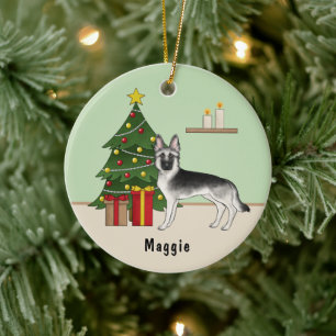 Silver Sable German Shepherd Green Christmas Tree Keramik Ornament