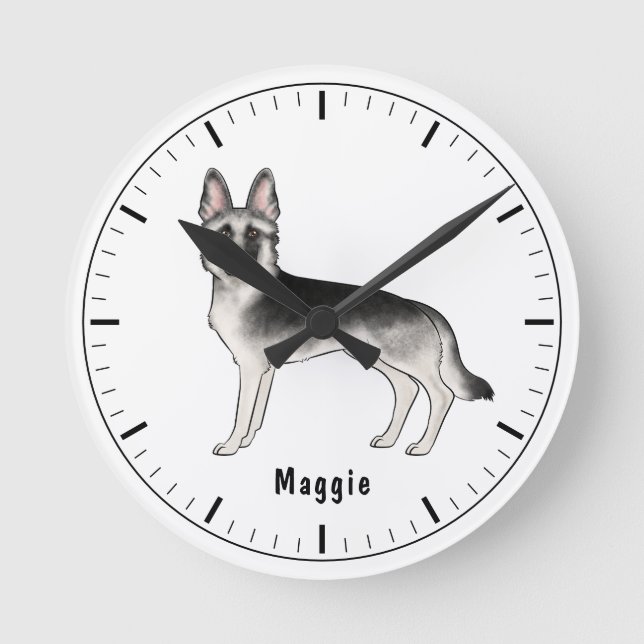 Silver Sable German Shepherd Hund mit benutzerdefi Runde Wanduhr (Vorderseite)