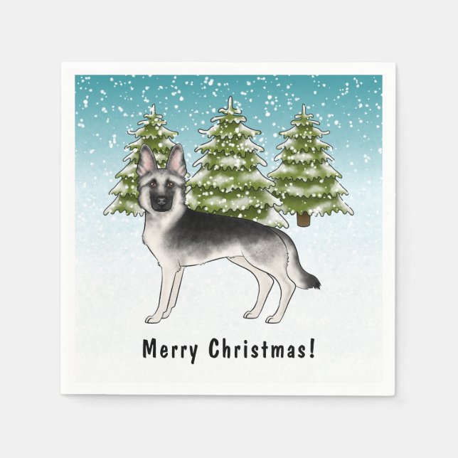 Silver Sable German Shepherd im Winter mit Text Serviette (Vorderseite)