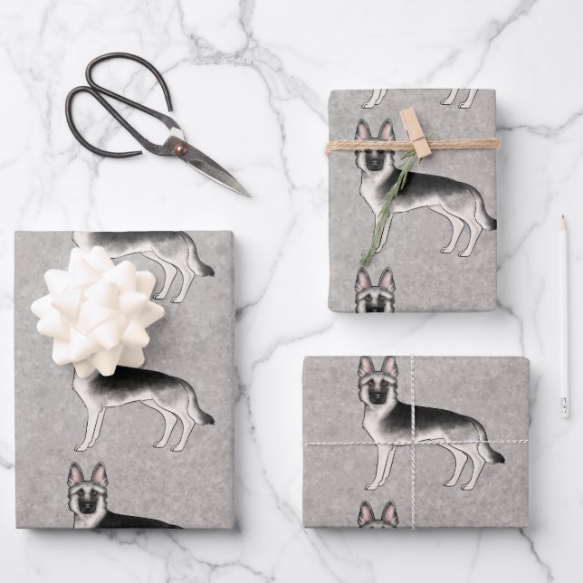Silver Sable German Shepherd Niedlich Cartoon Dog Geschenkpapier Set (Vorderseite)