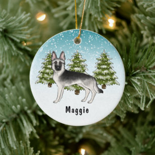 Silver Sable German Shepherder Dog im Winterwald Keramik Ornament