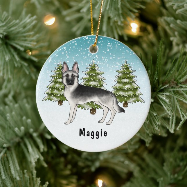 Silver Sable German Shepherder Dog im Winterwald Keramik Ornament (Baum)
