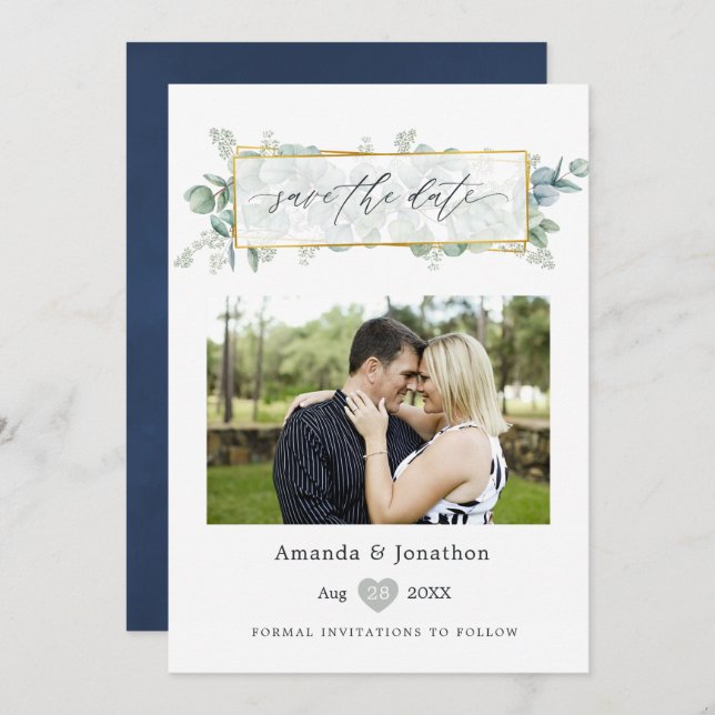 Silver Sage and Navy Eucalyptus Geometric Wedding Save The Date (Vorne/Hinten)