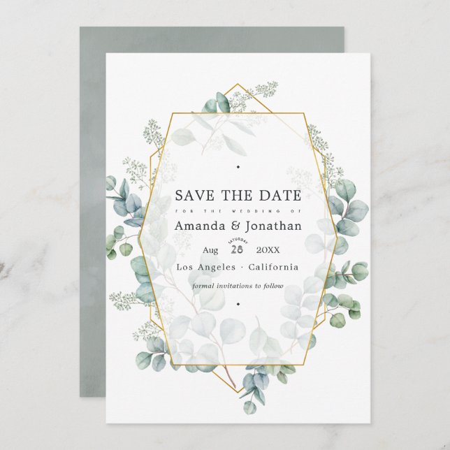 Silver Sage Eukalyptus Geometric Wedding Foto Save The Date (Vorne/Hinten)