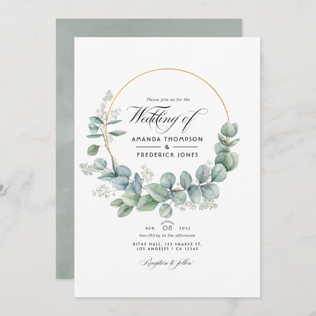 Silver Sage Geometric Eucalyptus Wedding Foto Einladung (Vorne/Hinten)