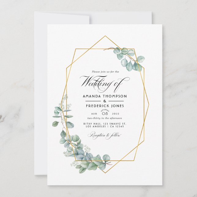 Silver Sage Geometric Eucalyptus Wedding Foto Einladung (Vorderseite)