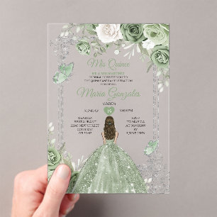 Silver Sage Green Mis Quince 15 Anos Butterfly Acryleinladungen