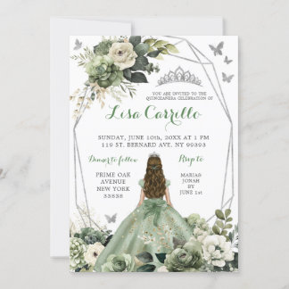 Silver Sage Green Princess Butterfly Quinceañera Einladung