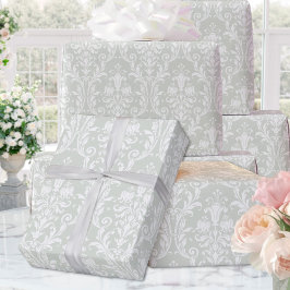 Silver Sage Green White Damask Elegante Hochzeit Geschenkpapier