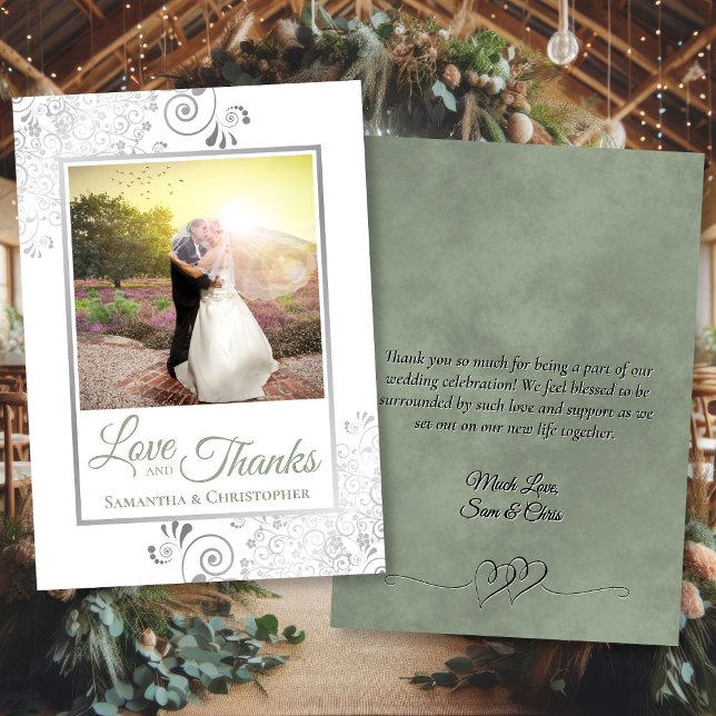Silver & Sage Green White Foto & Note Wedding Dankeskarte (Front/Back)