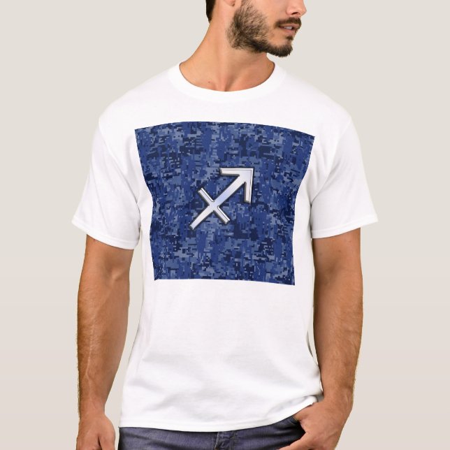 Silver Sagittarius Zodiac Sign Navy Digitale Camou T-Shirt (Vorderseite)