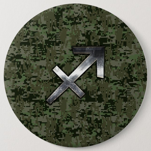 Silver Sagittarius Zodiac Woodland Digital Camo Button (Vorderseite)