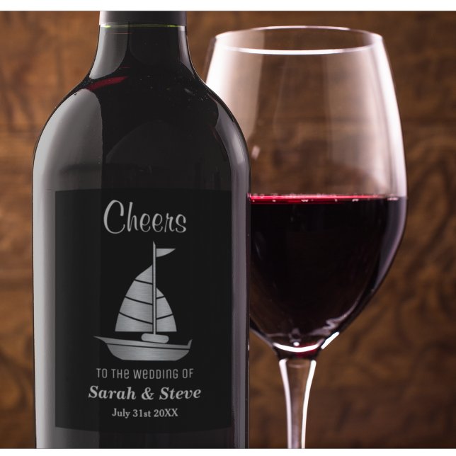 Silver Sailboat Nautical Wedding Wine Labels Weinetikett (Von Creator hochgeladen)