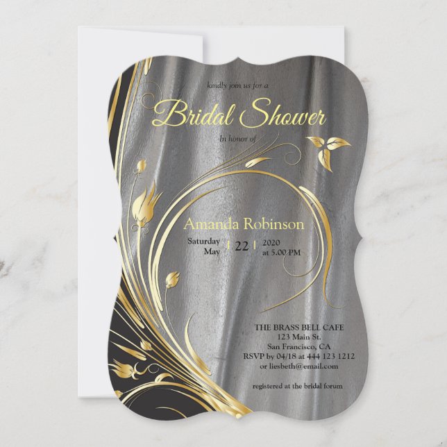 Silver Satin & Gold Blume Brautparty Einladung (Vorderseite)