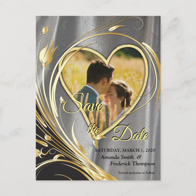 Silver Satin & Gold Blume Pracht Ankündigungspostkarte (Vorderseite)