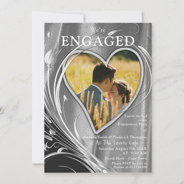 Silver Satin & Silver Blume Verlobung Einladung (Vorderseite)