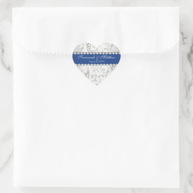 Silver Save the Date Lapis Blue Wedding Siegel Herz-Aufkleber (Tasche)