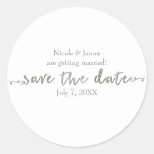Silver Save the Date Script Custom Personalisiert Runder Aufkleber