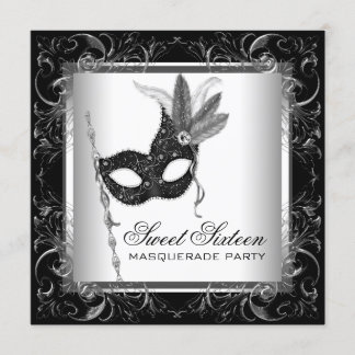 Silver Schwarz-weiß Sweet 16 Masquerade Party Einladung
